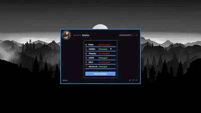 Portal panel listing disk, motherboard, display, UUID, GPU and network IDs with changed or unchanged flags next to a serial check button.